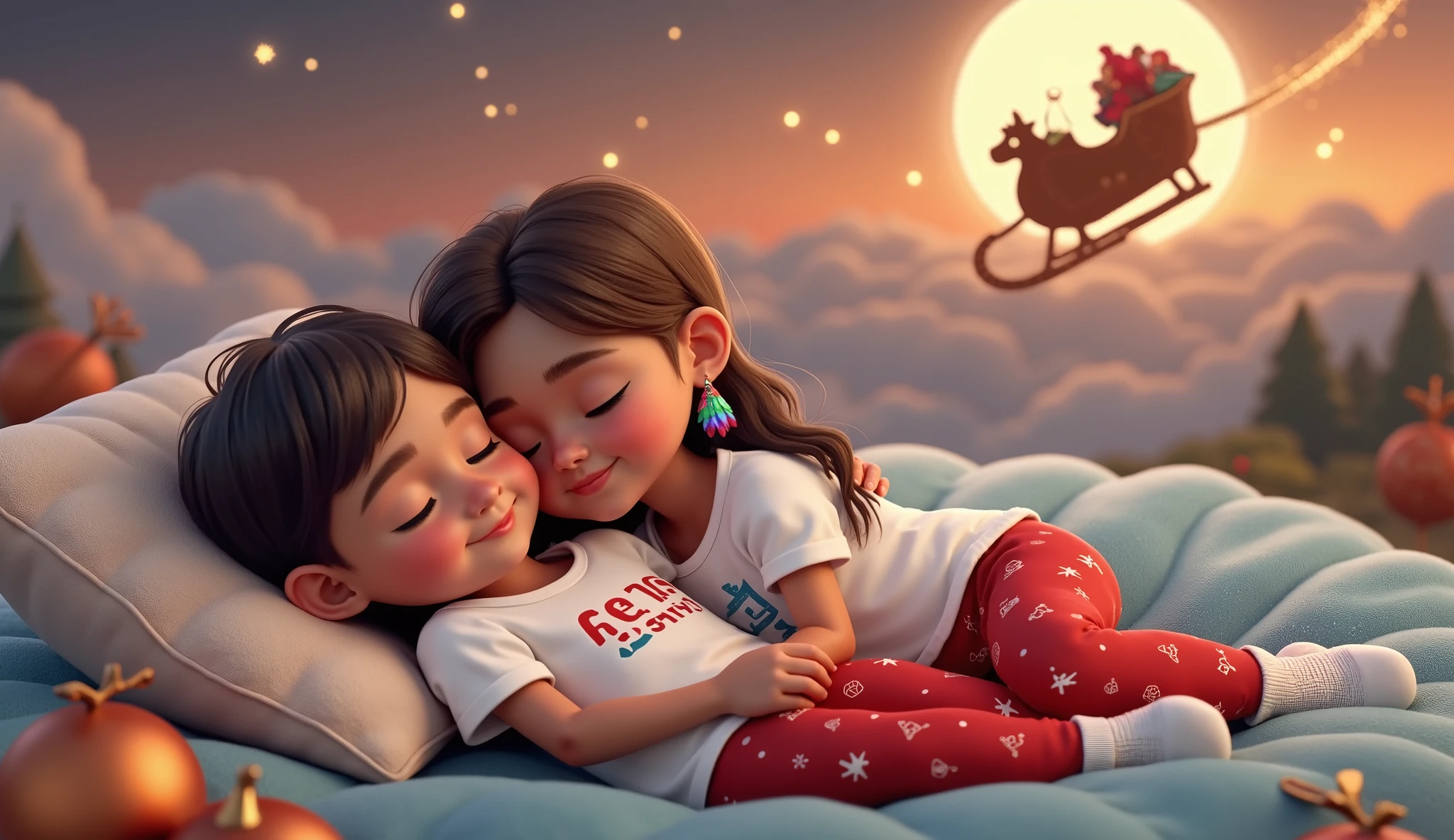 A touching and high resolution 3D illustration inspired by Disney Pixar art, featuring a cute 4YO, 4 ANOS DE IDADE, AGE:4 boy and 4YO, 4 ANOS DE IDADE, AGE:4 girl, lying down and surely asleep under the night sky. They are hugging each other, their faces resting gently on the soft cloud-shaped pillow, and smiling slightly. The boy has very light brown hair slightly curly, cut short on the sides, and tanned skin, while the girl has long, straight, black hair with a colorful feather earring and light brown skin of a Brazilian Indian, beautiful, sensual, attractive and provocative, . They wear white T-shirts and red pants adorned with Christmas motifs and white Christmas socks. The sky above them is bathed in an orange hue, with starry stars twinkling and a guiding star shining brightly. A full moon is eclipsed by the shadow of a flying sleigh that leaves a radiant trail in its wake. The scene exudes a vibrant, Christmassy feel in a breathtaking landscape, where they appear to sleep among white cumulonimbus clouds.