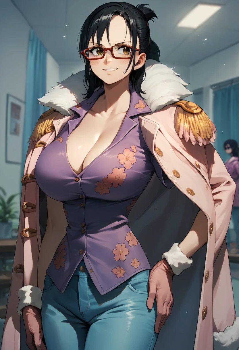 large breasts, brown eyes,shirt, black hair, gloves, standing, jacket, glasses, pants, coat, hand on hip, fur trim, floral print, denim, epaulettes, sheathed, jeans, jacket on shoulders, purple shirt, coat on shoulders, pink coat,big breasts, blush, room, upper body, cleavage, smile,