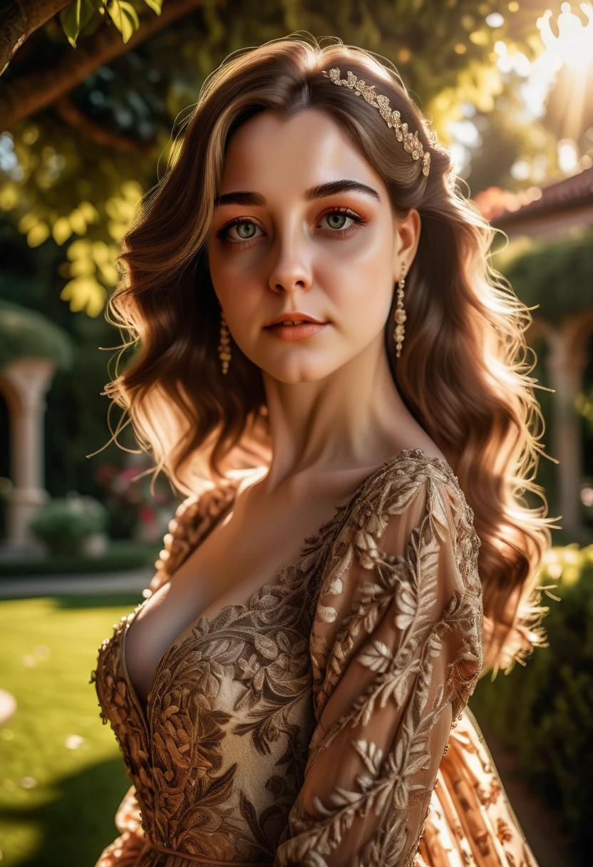 a beautiful woman, 1girl, detailed eyes, detailed lips, long eyelashes, elegant expression, serene, graceful pose, lush garden background, ornate dress, sunlight streaming, warm color tones, atmospheric lighting, photorealistic, masterpiece, 8k, hyper detailed