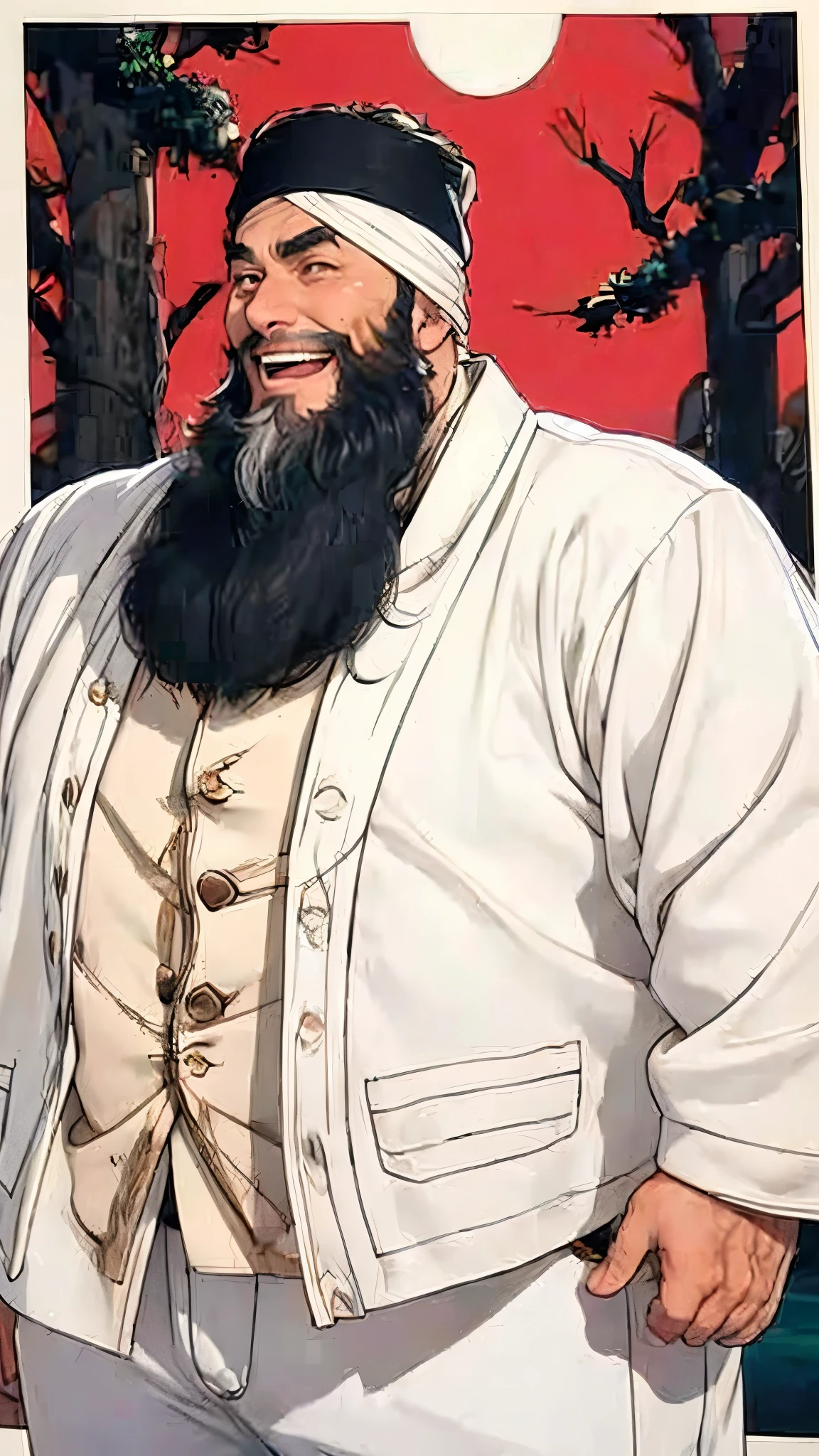 ichibe hyosub, bald, huge beard (completely black), big beard (extensive and voluminous beard), thick eyebrows, mature man, handsome, corpulent, strongest man, muscular, intense smile (laughs), hairy arms, white pants, eyes intense, bright. red eyes, thick nose. Traditional Japanese clothing.
