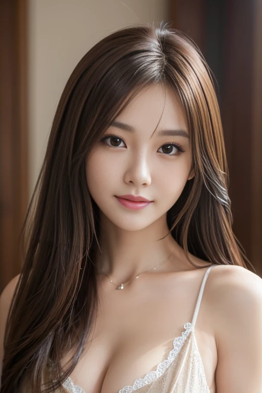 On the table, best quality, Practical, Super detailed, Finely, high resolution, 8k wallpaper, 1 Beautiful woman,, Light brown messy hair, Wearing a suit, Clear focus, Perfect dynamic composition, Beautiful and delicate eyes, Thinning hair, Detailed Practical skin texture, Smile, Close-up portrait, Model figure，Deep cleavage，Beautiful breasts，