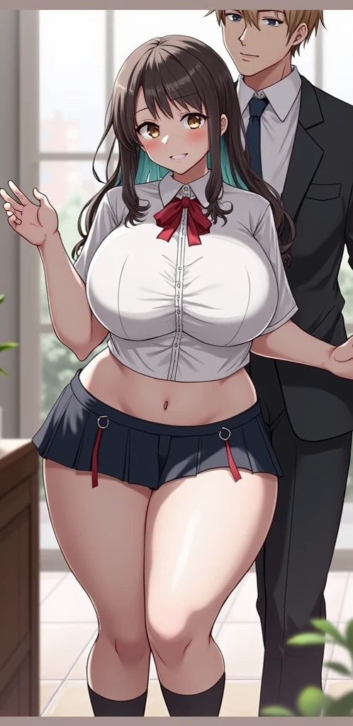 realistic anime art style,(tareme),(curvy body),black unkempt hair,bow tie,dress shirt,(navy short pleated skirt),(plaid skirt),(unpretentious mature woman and man having sex in train),pov,sweaty,(nipple through),(anguish and blushed),look at viewer,vaginal penis,skirt lift,