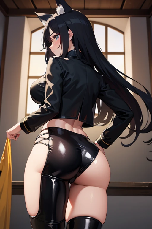 milfin a tight mini skirt that the viewer can see her tight and big ass with red eyes and black hair