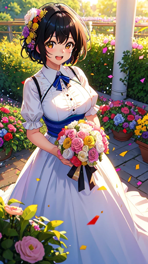 masterpiece, best quality, girl, solo, looking at viewer, yoshikazu_miyano, black hair, brown eyes, large breasts, wedding Dress, standing, garden, confetti, holding bouquet, smile, open mouth,