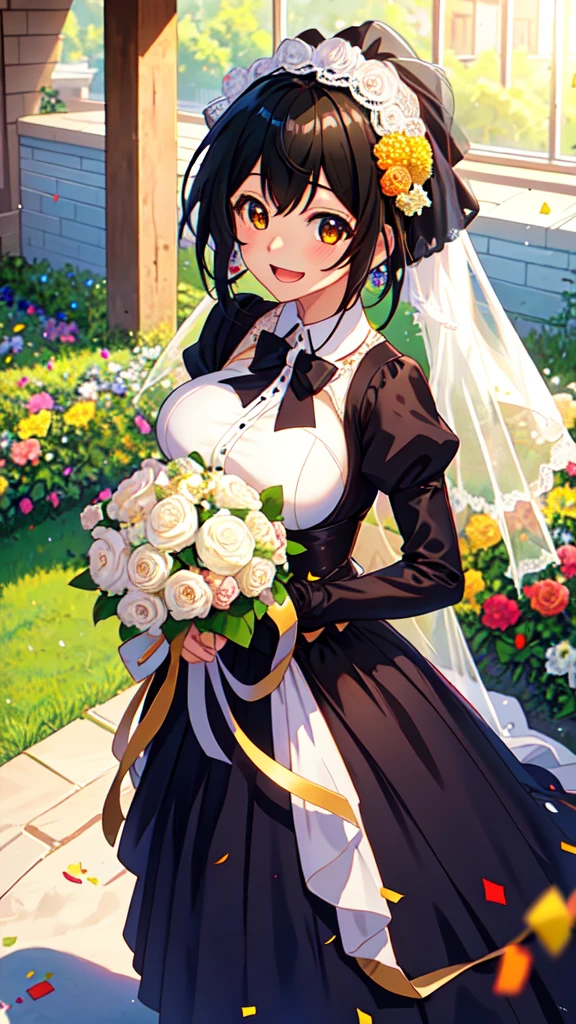 masterpiece, best quality, girl, solo, looking at viewer, yoshikazu_miyano, black hair, brown eyes, large breasts, wedding Dress, standing, garden, confetti, holding bouquet, smile, open mouth,