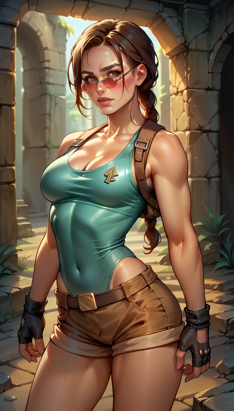 score_9, score_8_up, score_7_up, BREAK, score_9,  1girl, One,  looks at the viewer , laracroftxl,  fingerless gloves , mumble, cleavage, shorts, tinted glasses,  middle chest, leotard, thigh mumble, dungeon, cowboy shot, behind,