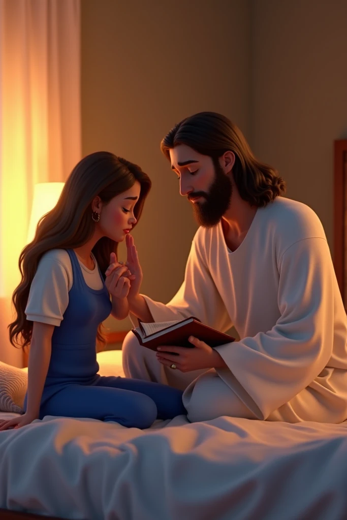 arafed woman kneeling on a bed with a man kneeling next to her, beautiful depiction, jesus hugging a woman, beautiful image ever created, jesus christ in mass effect, bible illustration, then leave it to god, the lord and savior, absolutely outstanding image, ❤🔥🍄🌪, very very realistic, immaculately detailed, 😭🤮 💔