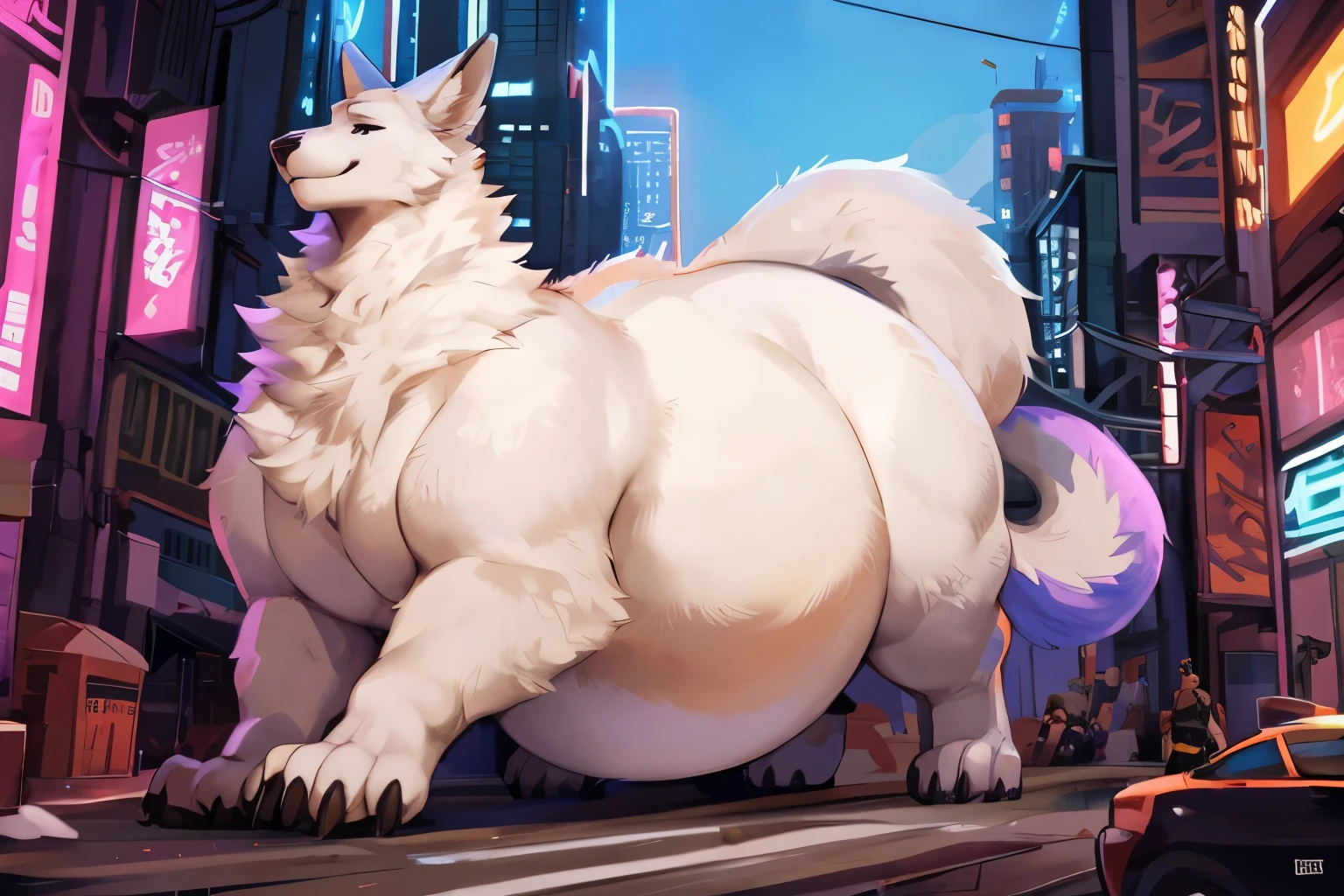 (chunie), ((((seibear)))), (juiceps), (((ssssnowy))), Arctic fox, overwheight ,chubby, green eyes, city background, strip club ,looking at viewer, tail, seductive, sexy, pov, sexy pose, big thighs, big butt, white fur,  huge butt, massive butt, seductive pose,  precum , erection, canine penis, knot, balls, butt view, anus, (hand on butt), glasses, bent over, penis tuck