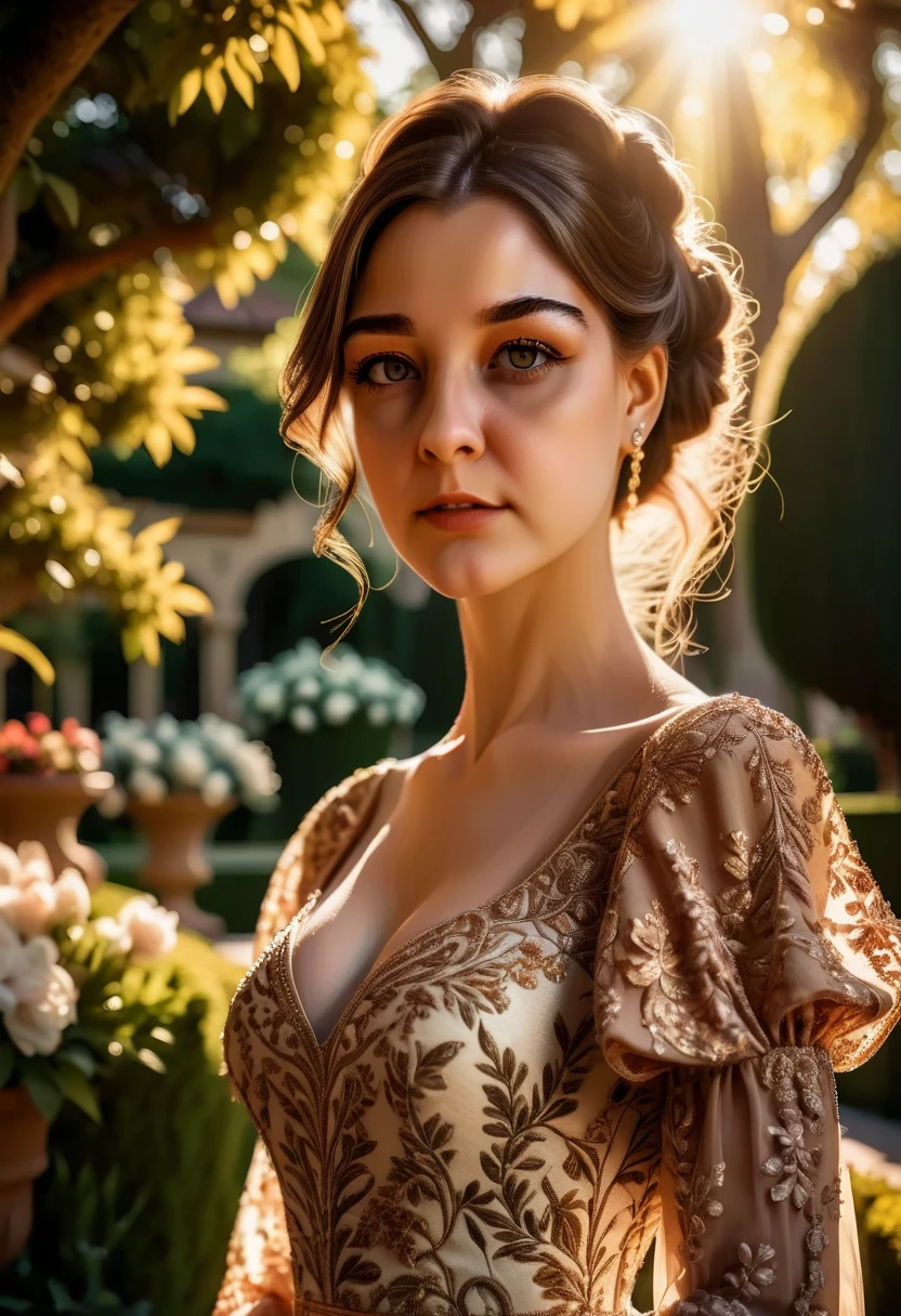 a beautiful woman, 1girl, detailed eyes, detailed lips, long eyelashes, elegant expression, serene, graceful pose, lush garden background, ornate dress, sunlight streaming, warm color tones, atmospheric lighting, photorealistic, masterpiece, 8k, hyper detailed