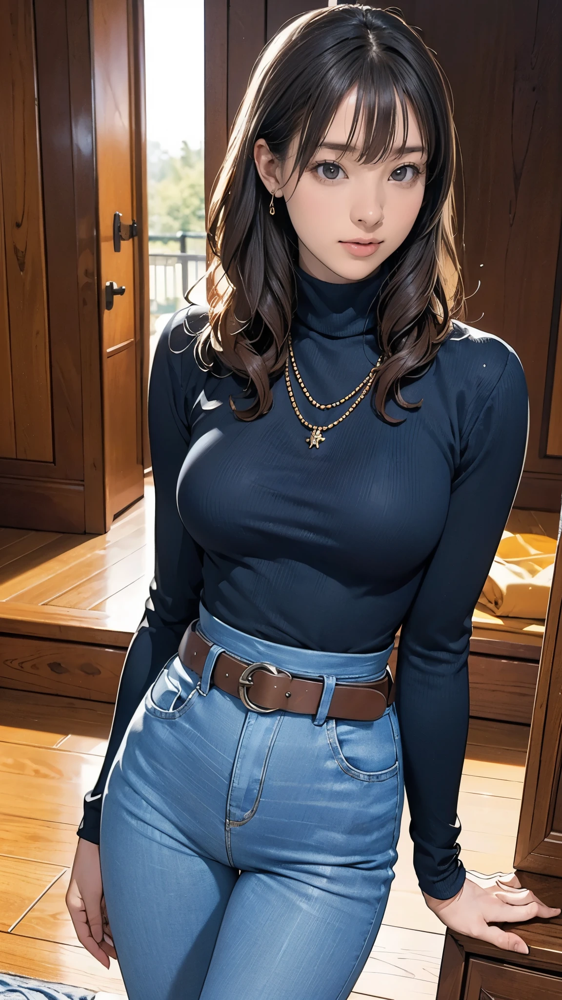 (masterpiece:1.2, top quality), ( realistic , photo realistic :1.4), Beautiful Illustration , ( natural side lighting on a black marble floor , movie lighting), Depth of Written Boundary , 1 female, curly hair , long hair, bun hair, bangs, bangs, bangs, tight knitted navy sweater, turtlenecks, Long Sleeve , jeans, belt, earrings for a woman alone, Necklaces , standing, Thin arms, Thin arms, Thin arms, Thin legs, Thin legs, Thin legs, Thighs, Thighs, Thighs, ((background: Log Cabin))