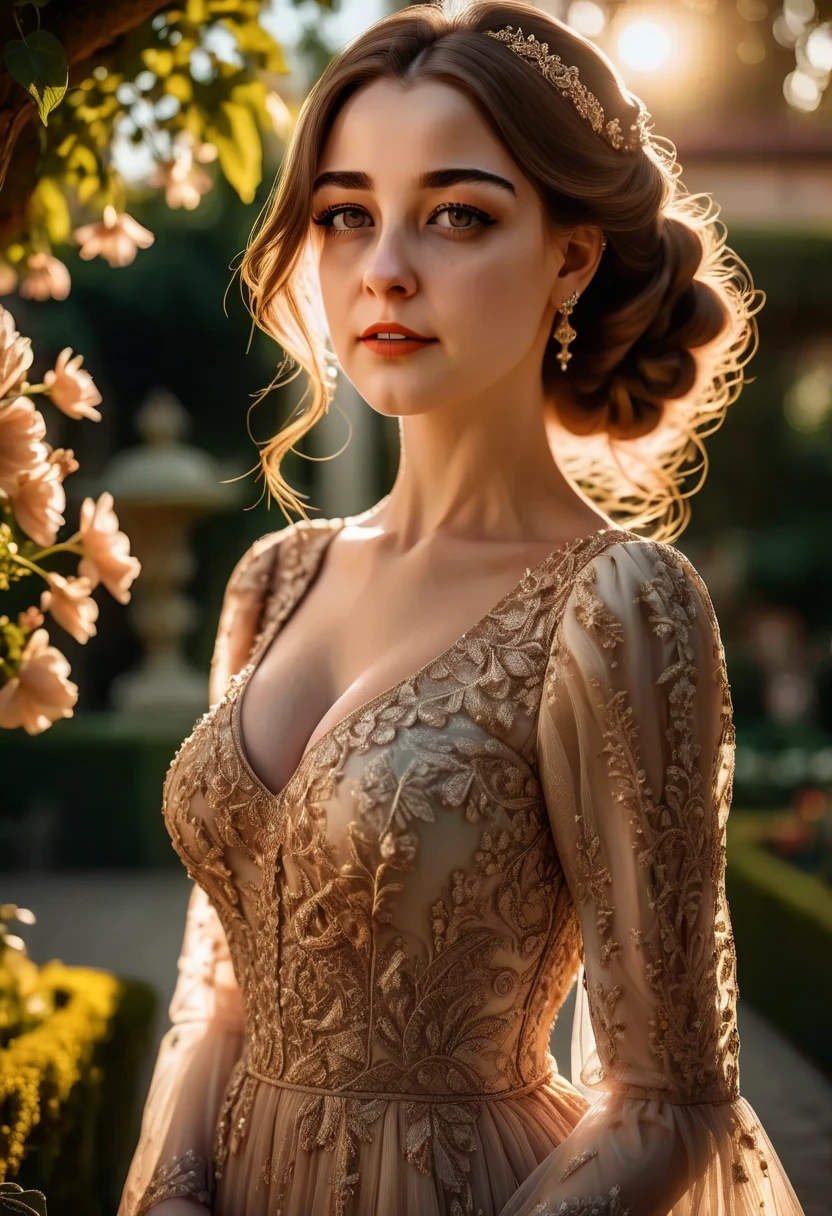 a beautiful woman, 1girl, detailed eyes, detailed lips, long eyelashes, elegant expression, serene, graceful pose, lush garden background, ornate dress, sunlight streaming, warm color tones, atmospheric lighting, photorealistic, masterpiece, 8k, hyper detailed