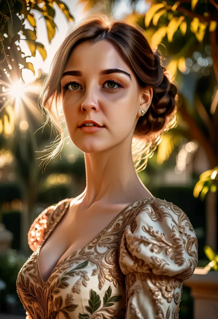 a beautiful woman, 1girl, detailed eyes, detailed lips, long eyelashes, elegant expression, serene, graceful pose, lush garden background, ornate dress, sunlight streaming, warm color tones, atmospheric lighting, photorealistic, masterpiece, 8k, hyper detailed