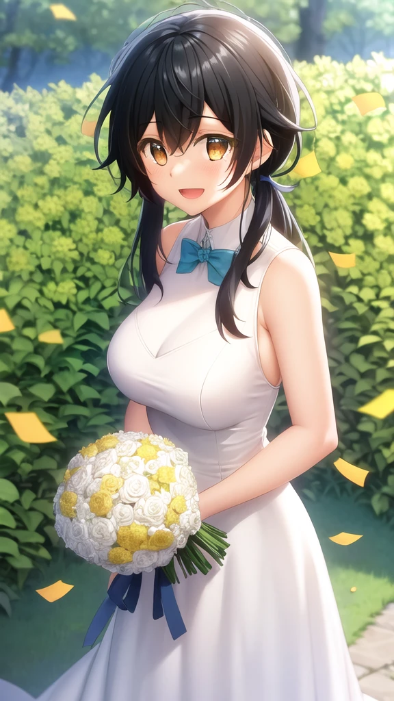 masterpiece, best quality, , girl, solo, looking at viewer, yoshikazu_miyano, black hair, brown eyes, large breasts, wedding Dress, standing, garden, confetti, holding bouquet, smile, open mouth,