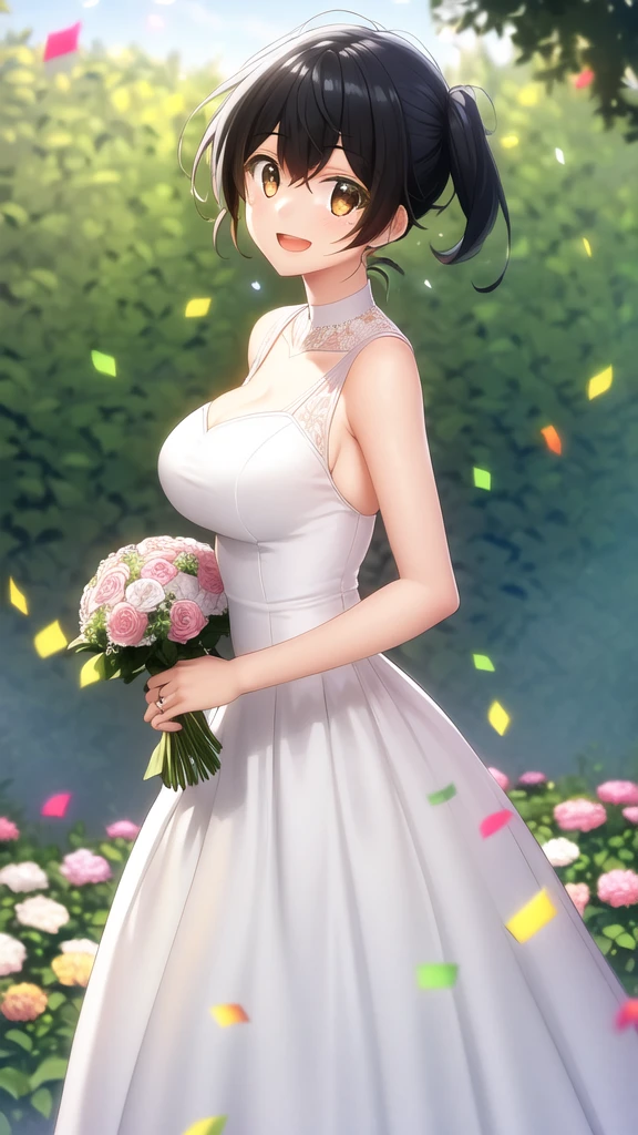 masterpiece, best quality, , girl, solo, looking at viewer, yoshikazu_miyano, black hair, brown eyes, large breasts, wedding Dress, standing, garden, confetti, holding bouquet, smile, open mouth,