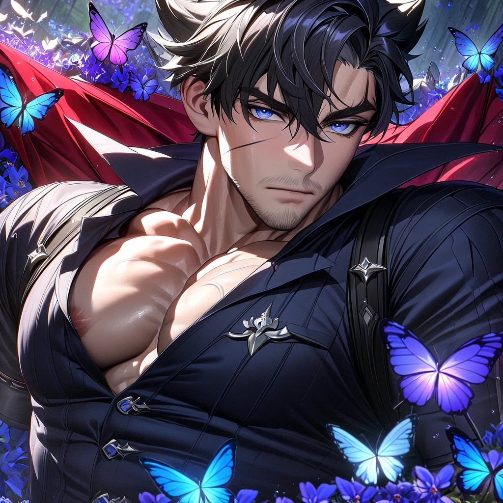 absurdres, highres, ultra detailed, HDR, master piece, best quality, perfect face, Wriothesley, black hair, expressive blue eyes, Genshin Impact, solo, sexy man, handsome, toned chest, sensual, erotic, gray vest, black shirt, red cape, water, blue flowers, blue butterflies, petals
