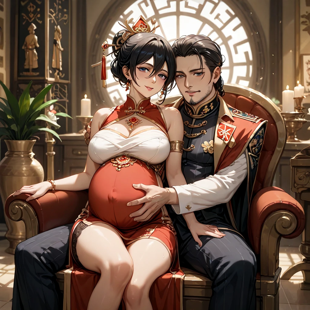 ((Highest quality)), ((masterpiece)), (detailed), (Perfect Face)、The woman is Shinobu Kocho, a Russian with black hair with purple gradient ends, tied in a bob hairstyle. She is a dignified, elegant and beautiful Russian noblewoman who is a good wife and mother, and the great Empress of the Russian Empire.、The woman is beautifully dressed in the gorgeous and glittering gold-colored ancient Russian court dress of an ancient Russian empress, accessorized with luxurious accessories and kokoshniks.、The woman is standing next to a great and dignified old Russian emperor.、A woman is sitting on a luxurious sofa in a palace hugging and kissing a great old Russian emperor, looking happy and in love、The woman loves the emperor with all her heart.、the woman is pregnant