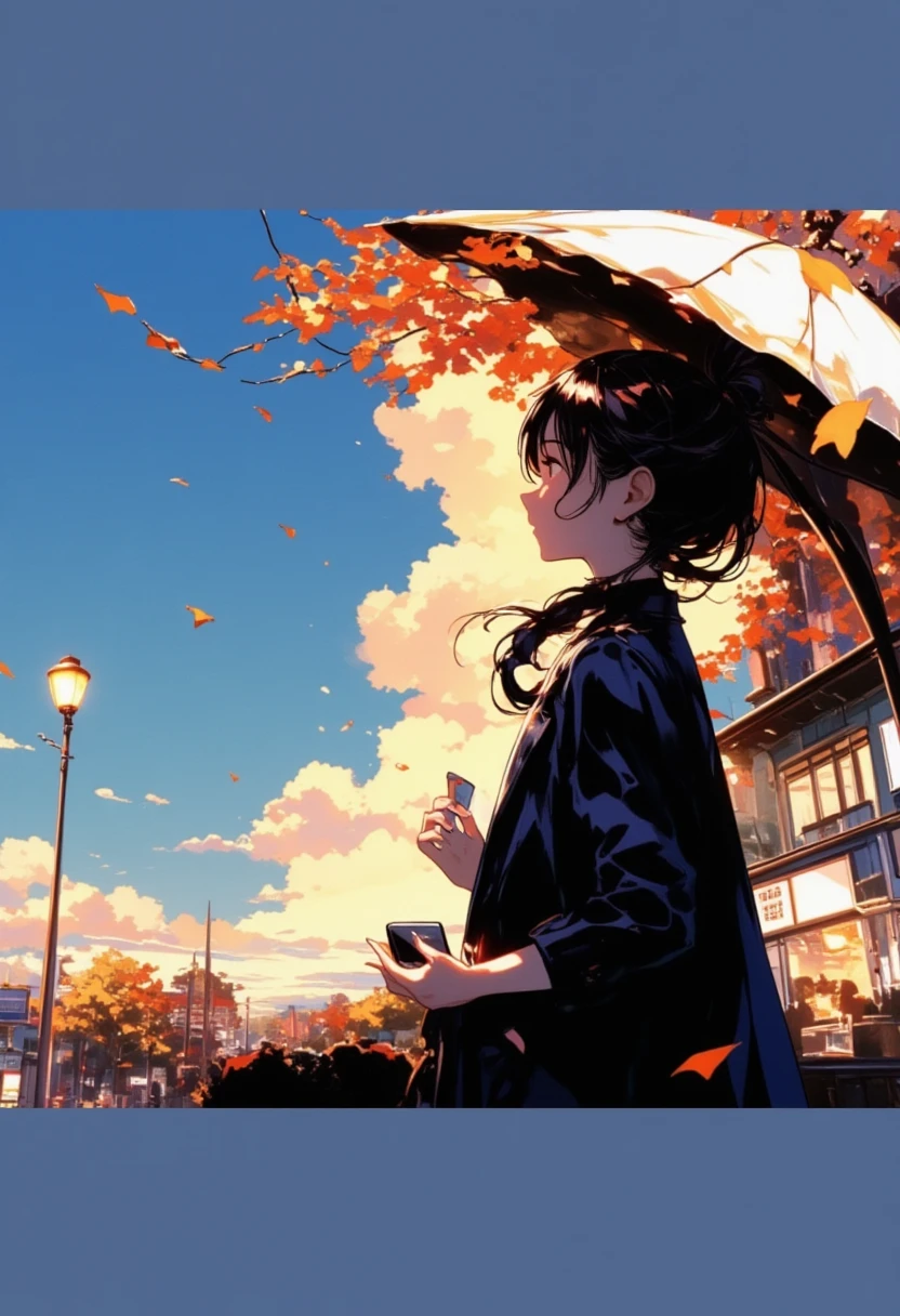 
 1 girl 、I'm waiting for my boyfriend、Around town、 holding a smartphone in one hand、The season is autumn、Navy coat 、 long black hair、Illustration