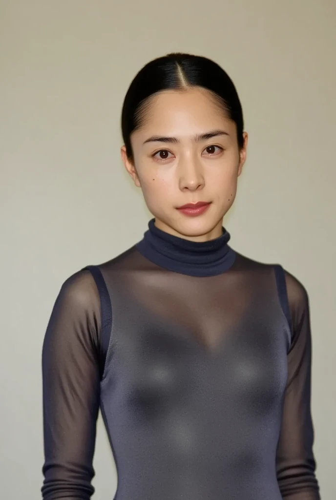 8k, RAW Photo, Best Quality, Masterpiece:1.2),(Realistic, photo-realistic:1.37), Super Detail, Wearing black pantyhose,She is wearing tight thin fitting transparent black long sleeve turtleneck, no skirts, transparent, cinematic lighting, sexy pose, monotone background, facing front, portrait, dressed up to the belly button, dressed up to the neck,black pantyhose

