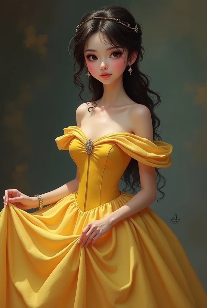 masterpiece, Best Quality, Illustration, Ultra-detailed, finely detail, hight resolution, 8K Wallpaper, Perfect dynamic composition, Beautiful detailed bright brown eyes , RAW format, realistic face, incredibly beautiful girl, silky, Smooth and shiny brown hair, extremely detailed eyes and face, Cinema Lighting, Full body shot, beautiful detailed yellow dress, princess, background in castle
