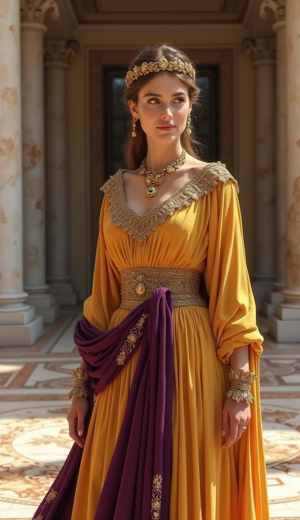 The Ancient Rome inspired dress is a testament to opulence and grace, featuring a floor-length silhouette with a draped, flowing fabric reminiscent of traditional Roman attire. The bodice boasts intricate golden embroidery, drawing inspiration from Roman architecture and motifs, adorning the neckline and cascading down to the waistline. The dress incorporates rich, earthy hues such as deep crimson, olive green, or royal blue, paying homage to the colors favored during that era. The skirt falls in graceful pleats, echoing the elegance of Roman fashion, while subtle accents of metallic detailing replicate the ornate jewelry prevalent in ancient times. This attire evokes a sense of regality and sophistication, blending historical grandeur with modern allure. beautiful detailed face