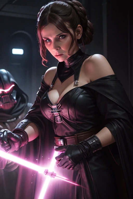 La mujer, sith, ropa corta, poca ropa,ropa, stockings, medias, star wars, death star, muy detallado, Realistic long-term photography., 4k, pelo largo, brown hair, By the chestnut, labios rojos, hood, capucha, sexy,red lips, brown eyes, big breasts, pechos grandes, breasts, light saber, red light saber, nsfw, +18, pussy, sthoutfit, Lucia Auditore