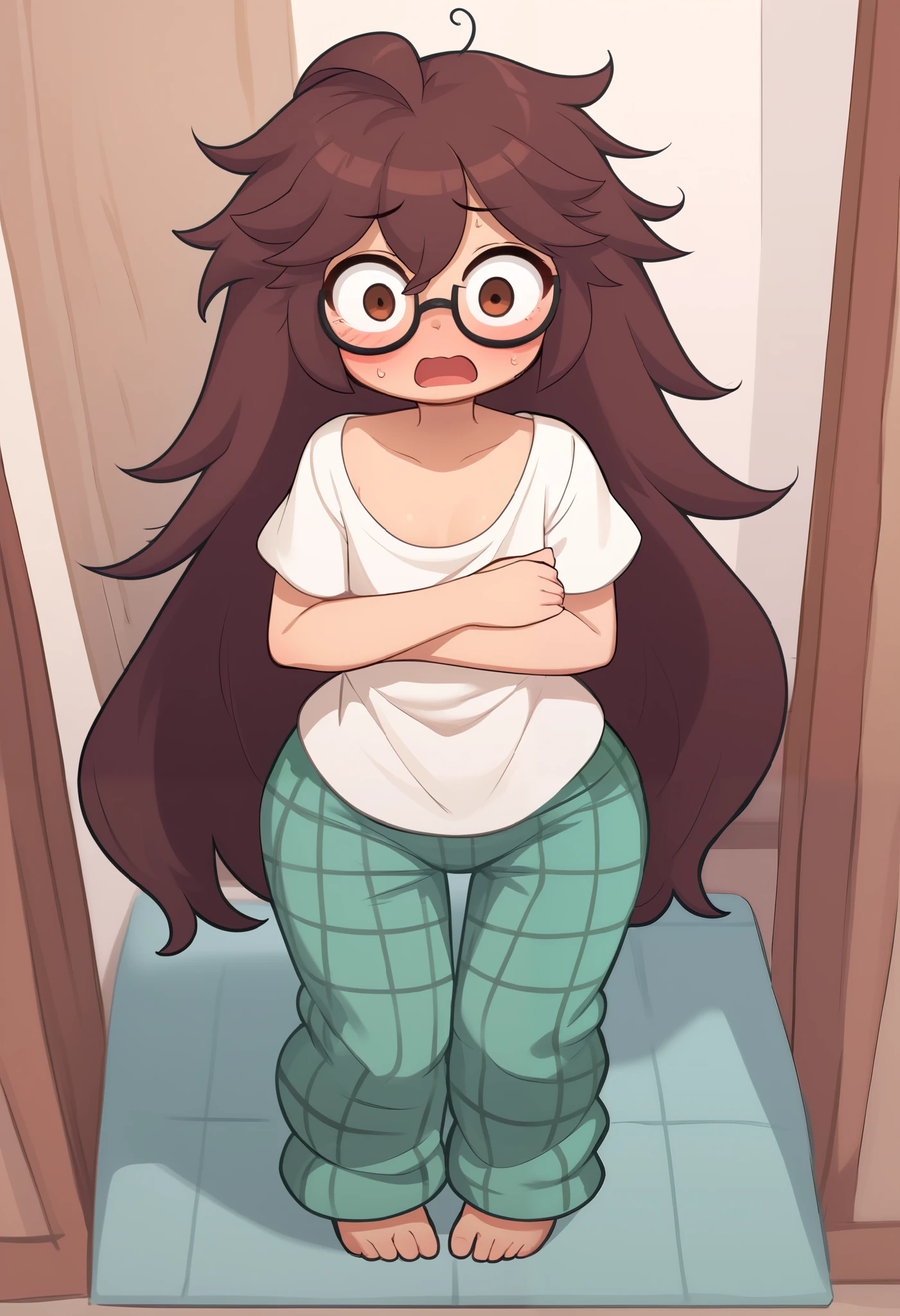 Small girl, young, full body, (solo 0.6), dark brown hair, fluffy hair, puffy hair, messy hair, very long hair, long bangs, messy bangs, skinny girl, skinny body, skinny legs, skinny thighs, slender body, thin waist, flat chest, large oversized shirt, white t-shirt, ( white shirt 0.9), green flannel sweat pants, pulling up pants, open mouth, surprised, loose clothing, glasses, pov from above, covering chest, arms crossed, indoors, intense blushing, brown eyes, blush lines, embarassed, big eyes, , cute,