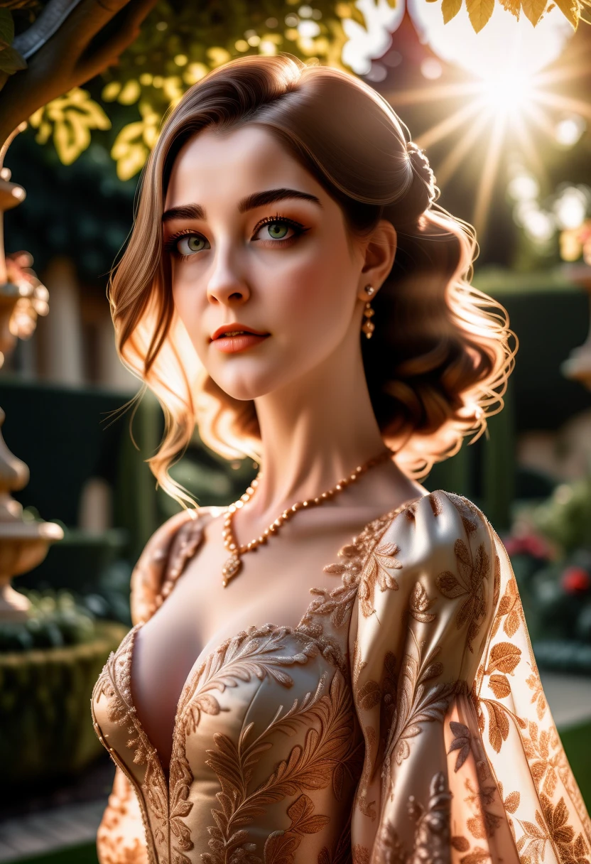 a beautiful woman, 1girl, detailed eyes, detailed lips, long eyelashes, elegant expression, serene, graceful pose, lush garden background, ornate dress, sunlight streaming, warm color tones, atmospheric lighting, photorealistic, masterpiece, 8k, hyper detailed