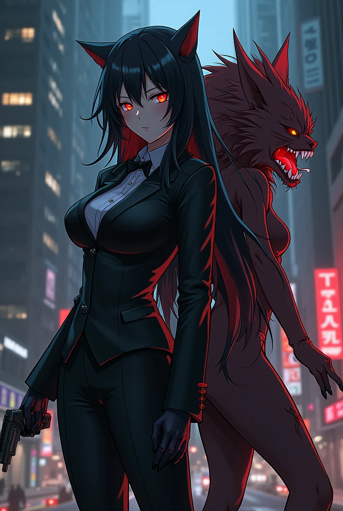 Yuri  with black hair and red eyes in action at spy and family in anime style with both knife in hands hidding her face only her red eyes glimmering at dark city light... There's a big huge black panther on her back


