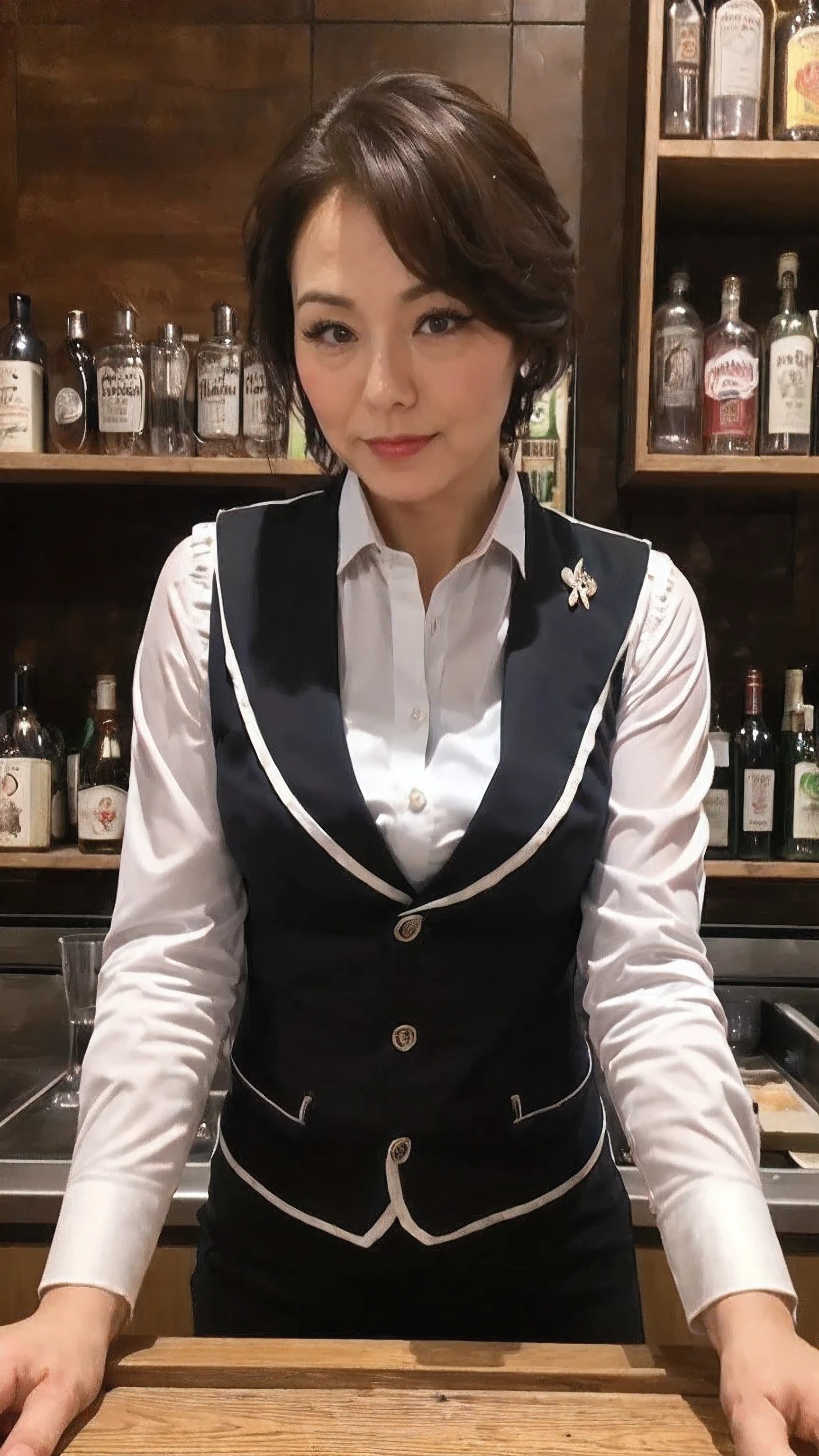 (( top quality)), ((8k)), ((masterpiece: 1.3)), ( perfect appearance ), ( photorealism: 1.6), (And), (mature bartender ),  perfect anatomy , ((65 years old)), (( bartender uniform )), (Long sleeve shirt, Cummervest), ( Very Short Hairstyle ), ( inside a classic bar counter),