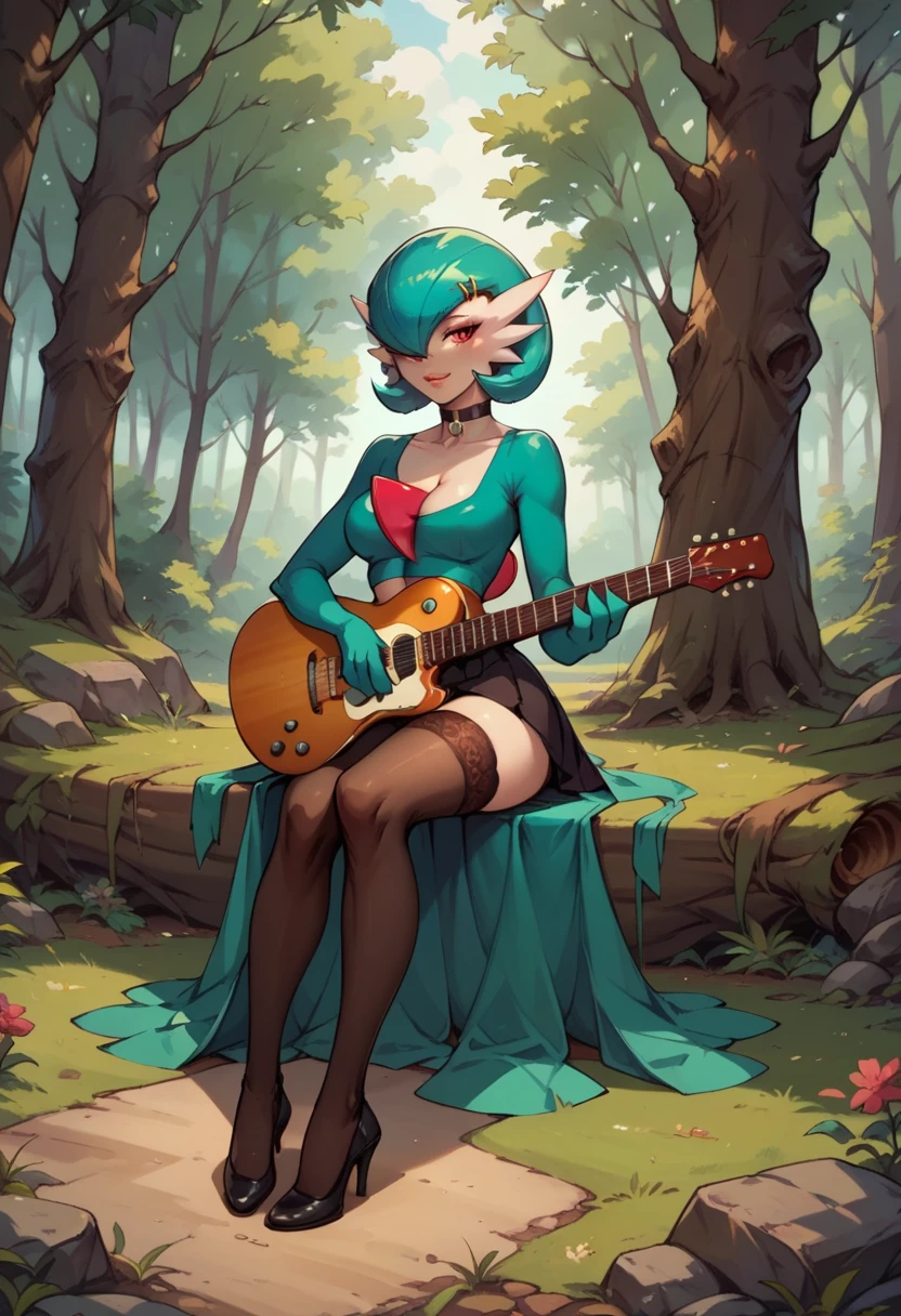 Gardevoir, Pokemon,, forest, indian sitting style, skirt, musician, guitar, stockings