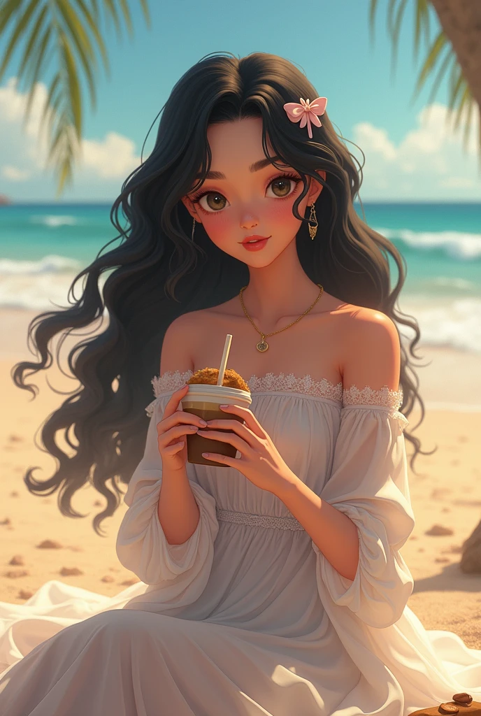 Animated Ethereal woman with curly hair, wearing off shoulder bridgerton, floral dress while sipping iced coffee and writing in a diary in the beach side