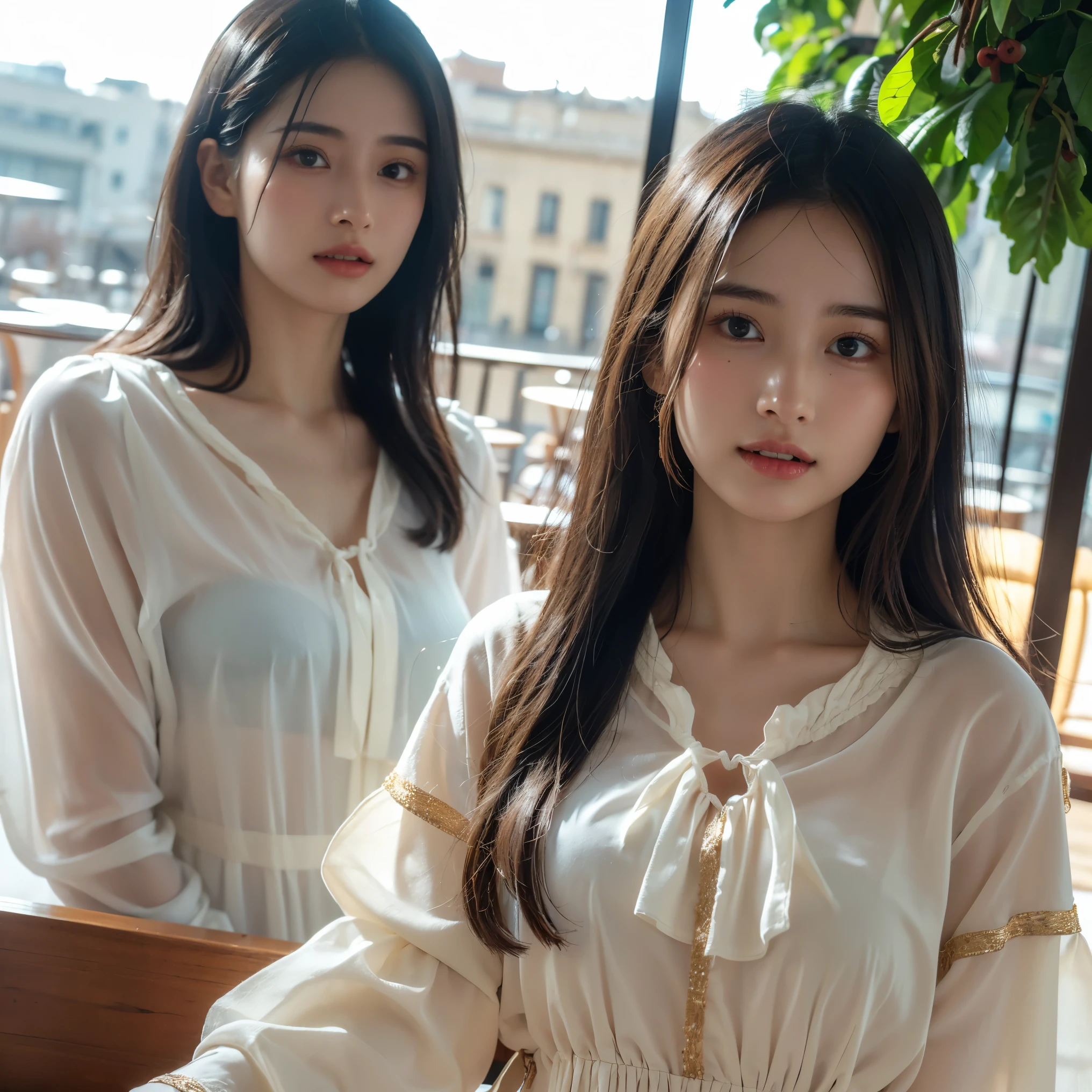 (2young girls:1.5), (Ultra realistic, high res), (highly detailed eyes, highly detailed hair, highly detailed face, highly detailed plump lips), (off shoulder with open breasts:1.1), breasts, upper body, caute smile, miniskirt, (See-through sheer panties:1.2), (best quality:1.4), Raw photo, (realistic, photo-realistic:1.37), professional photography, cinematic light, (fine face: 1.2),