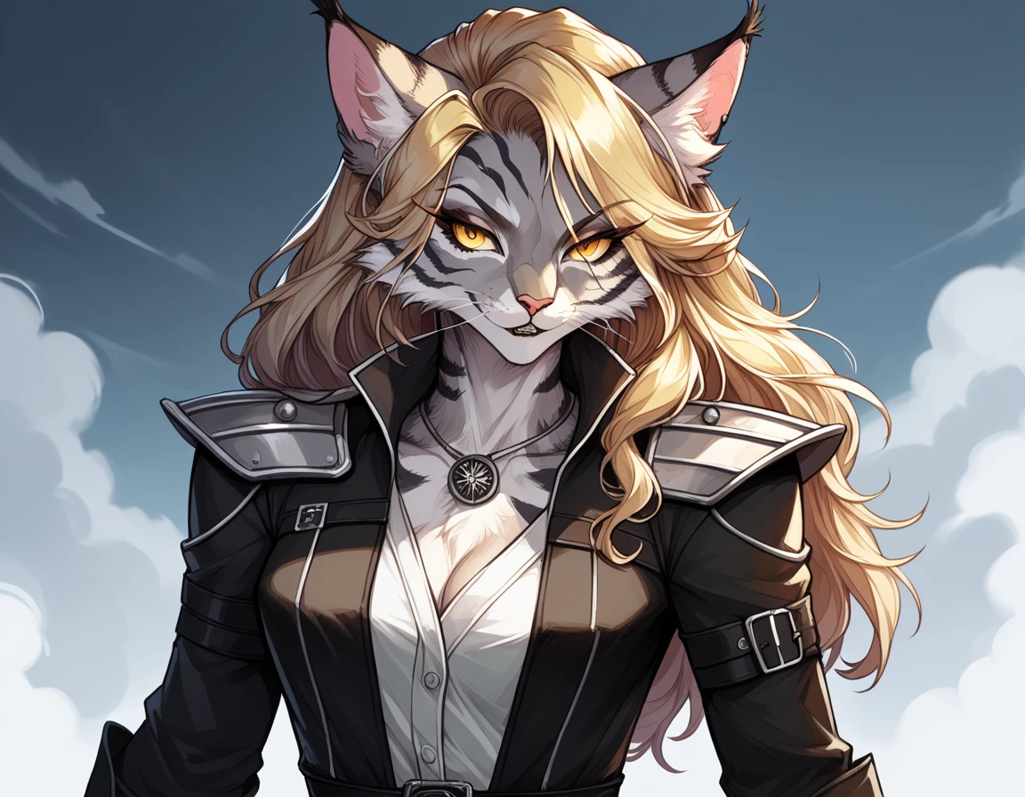 score_9,score_8_up,score_7_up, score_6_up, score_5_up, source_anime, flat colors, no shading, Kat, Anthro furry feline, silver fur, grey stripes on body, blue eyes, long blonde hair, undercut hair, pink nose, :3, wearing black leather armor vest, black cuirass, black short shorts, feet wrapped in white bandages, face covered in blood, furrowed eyebrows, sad expression, soulless eyes