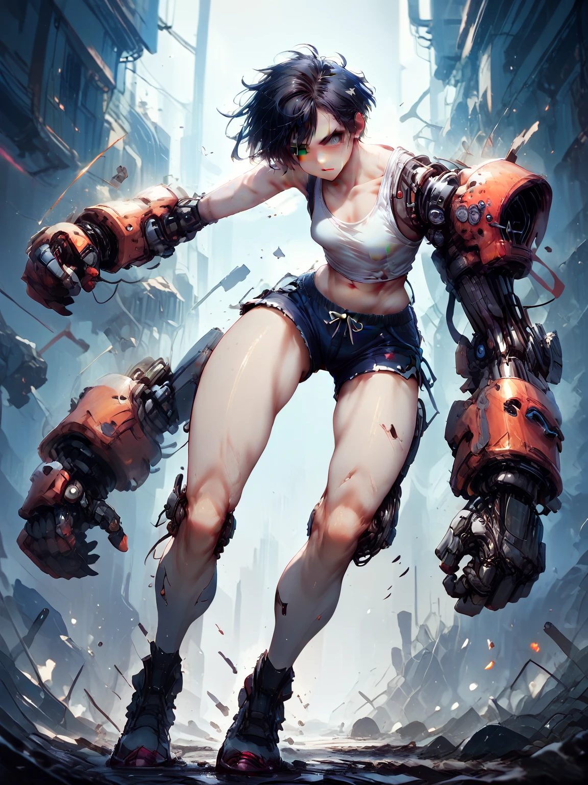 1girl with mechanical arms the mechanical arms are matte black with subtle red neon lines wearing a tank top and hotpants small breasts short, asymmetrical black hair, gray eyes with a violet hue, full body view, fight pose like a boxer