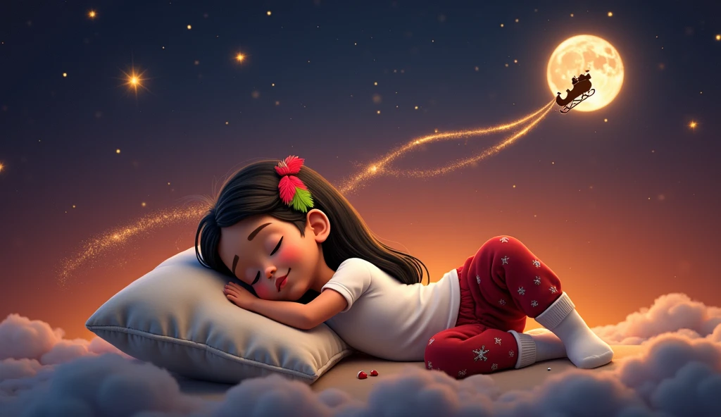 A touching and high resolution 3D illustration inspired by Disney Pixar art, featuring a cute 4YO, 4 ANOS DE IDADE, AGE:4 boy and 4YO, 4 ANOS DE IDADE, AGE:4 girl, lying down and surely asleep under the night sky. They are hugging each other, their faces resting gently on the soft cloud-shaped pillow, and smiling slightly. The boy has very light brown hair slightly curly, cut short on the sides, and tanned skin, while the girl has long, straight, black hair with a colorful feather earring and light brown skin of a Brazilian Indian, beautiful, sensual, attractive and provocative, . They wear white T-shirts and red pants adorned with Christmas motifs and white Christmas socks. The sky above them is bathed in an orange hue, with starry stars twinkling and a guiding star shining brightly. A full moon is eclipsed by the shadow of a flying sleigh that leaves a radiant trail in its wake. The scene exudes a vibrant, Christmassy feel in a breathtaking landscape, where they appear to sleep among white cumulonimbus clouds.