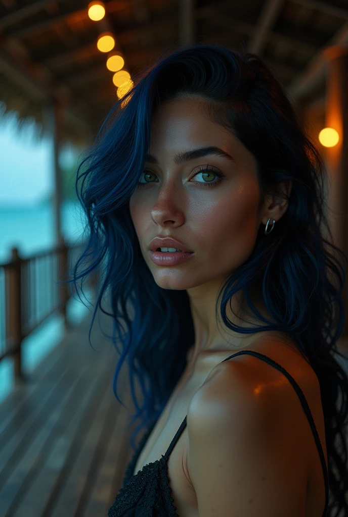 masterpiece), 1girl, solo, mature, sexy, highly detailed face and eyes, professional makeup, sleeveless cropped top, skirt, blue-black dual tone long hair, glowing blue eyes