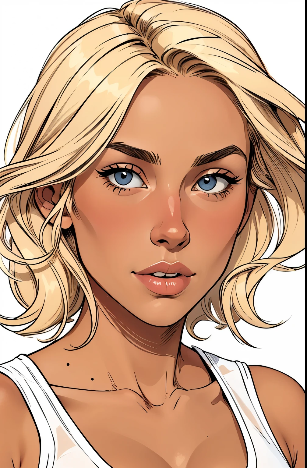Compensation! Here is the revised and cleaner text:

--- Character: Flat colors,close-up, portrait,  of a cute, mysterious 25 year old girl that goes to the beach alot, tan skin, ([blue eyes]) Beautiful blonde wavy hair, natural beaty, beautiful, casual,but very sexy,((([topless, exposed Perfect large fake Breasts, perfect perky nipples, hard nipples]))) looking directly at the camera]))) Cartoonish illustration,  highly detailed, masterpiece, 
(([Simple grey background]))