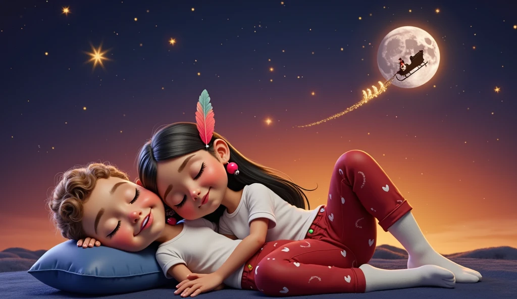 A touching and high resolution 3D illustration inspired by Disney Pixar art, featuring a cute 4YO, 4 ANOS DE IDADE, AGE:4 boy and 4YO, 4 ANOS DE IDADE, AGE:4 girl, lying down and surely asleep under the night sky. They are hugging each other, their faces resting gently on the soft cloud-shaped pillow, and smiling slightly. The boy has very light brown hair slightly curly, cut short on the sides, and tanned skin, while the girl has long, straight, black hair with a colorful feather earring and light brown skin of a Brazilian Indian, beautiful, sensual, attractive and provocative, . They wear white T-shirts and red pants adorned with Christmas motifs and white Christmas socks. The sky above them is bathed in an orange hue, with starry stars twinkling and a guiding star shining brightly. A full moon is eclipsed by the shadow of a flying sleigh that leaves a radiant trail in its wake. The scene exudes a vibrant, Christmassy feel in a breathtaking landscape, where they appear to sleep among white cumulonimbus clouds.