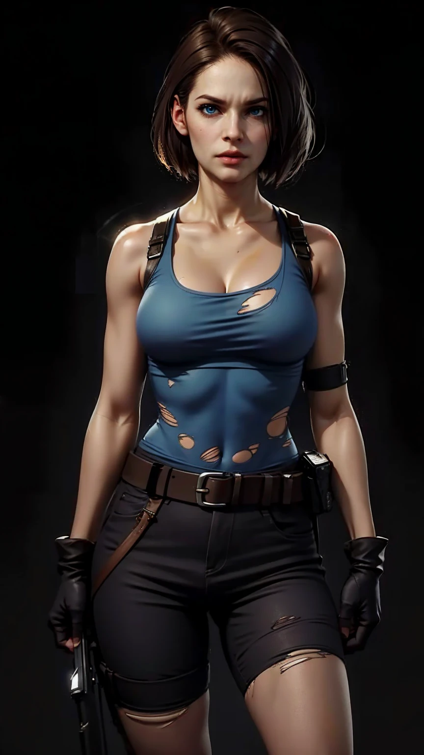 jillvalentine , (torn tank top :1.2), ,  trousers , belt,  dolless gloves ,  shoulder holster , hip strap , ((wipe your thighs)), (masterpiece,  top quality :1.2), ( simple dark background:1.5)
