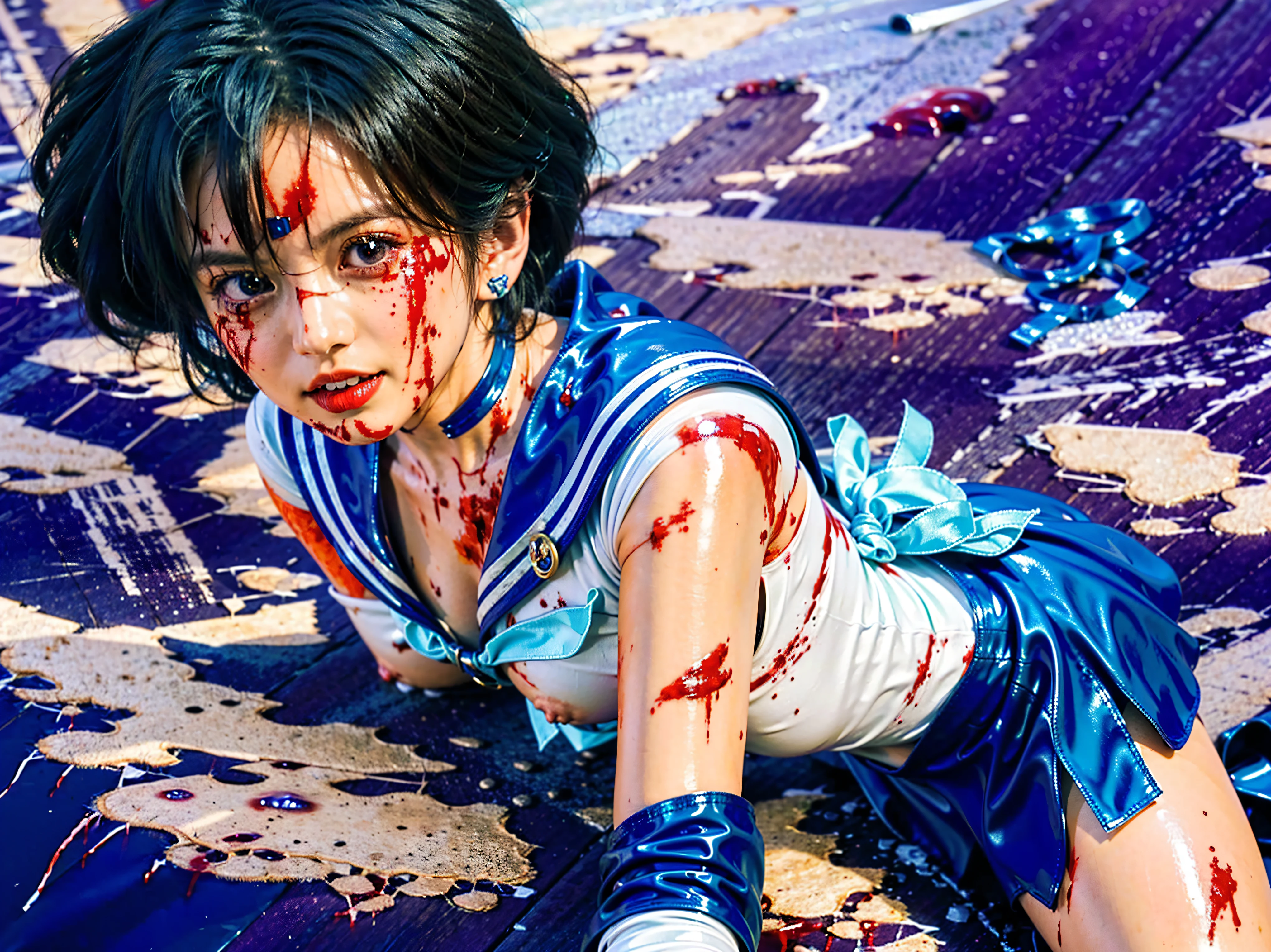 (masterpiece), (RAW photo, top quality), Ultra High Definition, Professional Artwork, Ultra Detailed, Complex, Detailed Face, Perfect Lighting, (1 Girl, Solo: 1.2), Chest, Gloves, Lips, Solo, (Sailor Moon: 2.1) ((Ami Mizuno / Sailor Crystal, Sailor Mercury), Blue Eyes, SM Uniform, mer1, Tiara, Sailor Senshi Uniform, , Absurd, Sexy, floating short blue hair, blue sailor collar, bow, (barefoot: 1.1), choker, white gloves, blue choker, elbow gloves, jewelry, earrings, blue skirt, full body, blue hair, (perfect hands): 3.8, (perfect_anatomy: 1.2), octane rendering, divinity of water, (crying, weak and tired eyes, tears: 1.2), ( Bruises and blood stains on the face and body, blood flowing from the head and face, injuries and injuries on the body, wounds and cuts, bleeding lips: 1.3), (torn clothes, tattered clothes: 1.5), blood stains on clothes, (kneeling weakly: 1.2), (in an abandoned factory), disheveled hair, tired and weak face, (perfect body, perfect, perfect thighs), wet body, sweaty body, ((muddy feet, muddy skin, bloody skin: 1.3)), ( film lighting), soft lighting, complex and cinematic appearance, cinematic lighting, dynamic angles