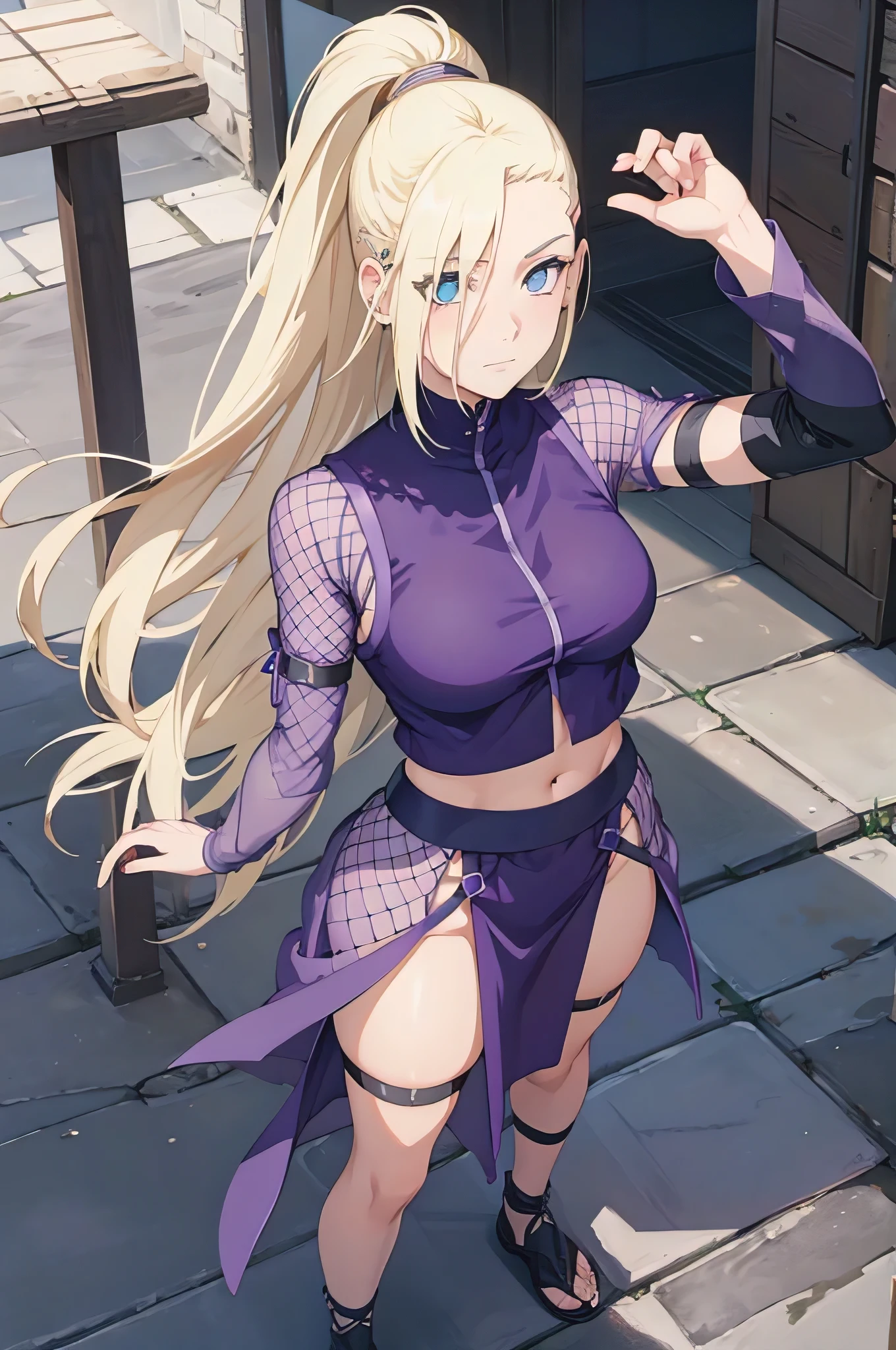 (masterpiece), best quality, expressive eyes, perfect face, 1 girl, solo, yamanaka ino, blonde hair, blue eyes, purple crop top, separate sleeves, purple skirt, mesh sleeves, meshes, outdoors, natural lighting, full body, portrait, looking at viewer, from above