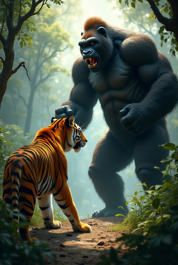 In an action-packed scene, the orange muscular bodybuilder daddy cat, furious and determined, catches up to the gorilla and the gorilla leying down and the muscular bodybuilder cat face daddy putting poot on her chest and shouting on her He confronts the gorilla with an angry expression, shouting as he delivers a powerful kick to the gorilla's face. The fight is intense, with both figures showing their strength.