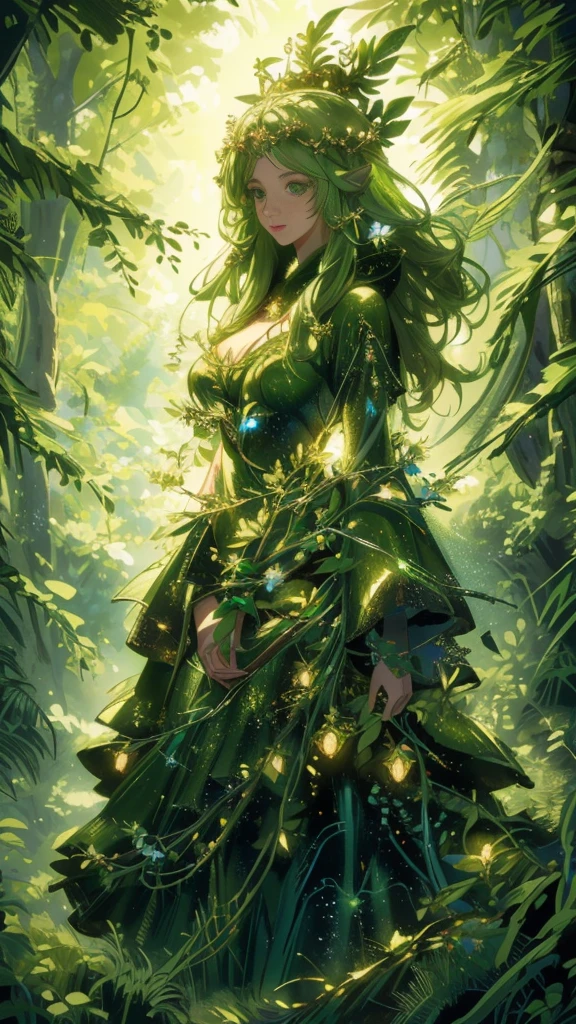  Picture of a woman in a forest with trees, Forest Goddess, Goddess of Nature, Goddess of Nature, Queen of Nature ,  the fairy queen of the summer forest , beautiful elegant Dryad, forest Dryad, Dryad in the forest, Queen of the Forest,  Fascinated by Nature's Spirits , Dryad,  Detailed Fantasy Art , Mother of Nature ,  Earth Goddess Mythology 、フェイスをTrainiに変える、I was reincarnated as a slime、Traini、Hair is green