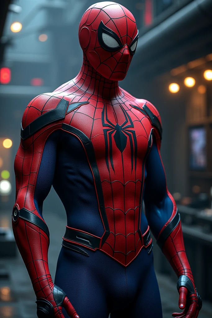 A highly detailed, photorealistic, and cinematic portrait of Spider-Man in his advanced red and blue suit from the Marvel Cinematic Universe, featuring a prominent white spider symbol on the chest, with small black and white movable eye lenses, 8K resolution, masterpiece, unreal engine, dramatic lighting, cinematic composition, hyper-realistic, volumetric lighting, physically-based rendering