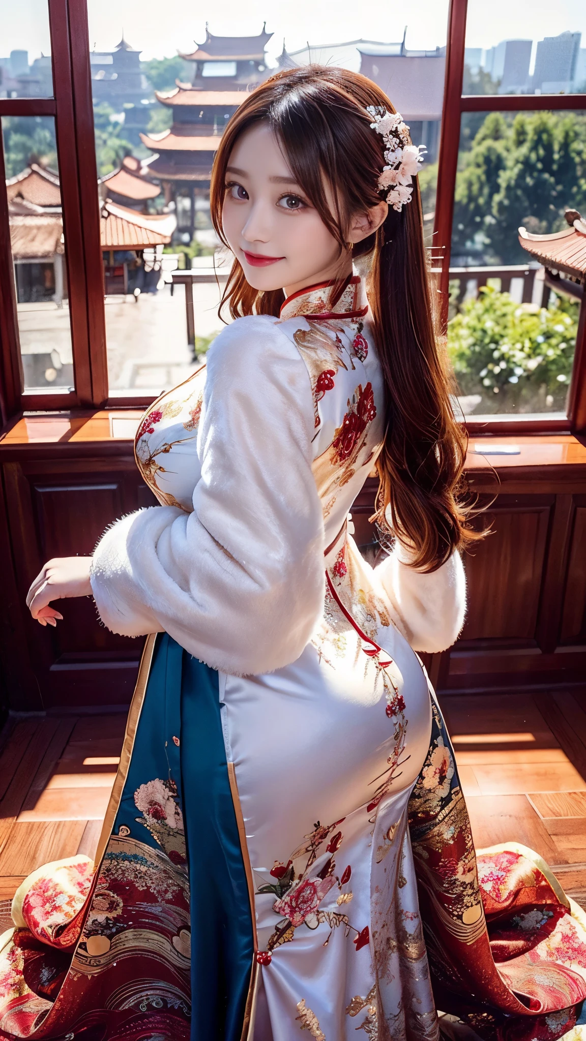   beautiful woman,     Chestnut hair    ,     Beautiful Eyes ,   Smile,  Actual , Full HD,   very beautiful dress  ，Fluffy dress ， curved body，Magnificent view ，Gorgeous decoration，cheongsam，中国发髻