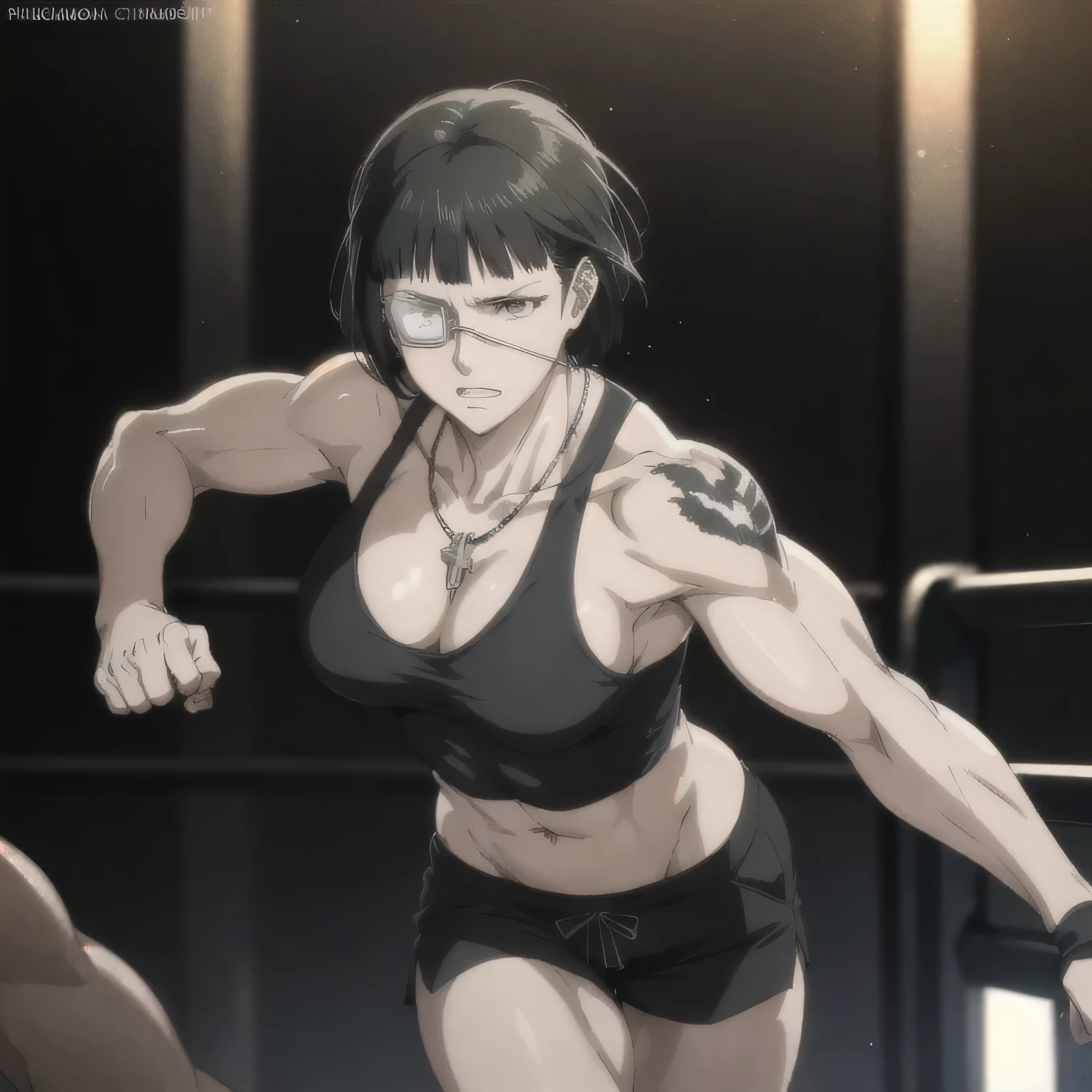 best quality,ultra-detailed,realistic:1.37),musclaur badass girl with sculpted body with preview her musclaur body and six-pack, full review of the female character's face and body, intense expression, strong and confident posture, studio lighting, vivid colors, physiologically-based rendering, grungy texture, rugged background, dust particles in the air, commanding presence, professional, powerful, gritty aesthetics,,Valmet،short hair, necklace,Light reflection on shoulders,clean muscles،wearing black sport shorts and blue gym tank top,tattoos on shoulders،muscles review( girl solo),eyepatch,Shining muscles,eyes detailing,fat free body,veins in muscles,penis growth inside shorts,Matching remix,wearing gloves,boxing punch,