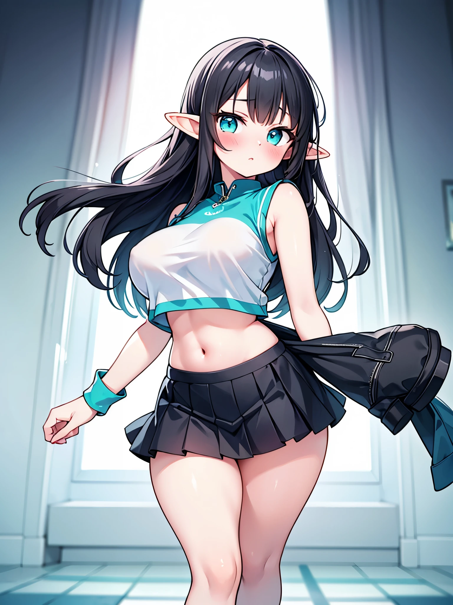 Detail image, realistic image, 1 elf. She has turquoise eyes with and long black hair, she has a delicate oval face, medium breasts and a curvy body, thick thighs. she is blushing, She is wearing a crop top, tight pleated mini skirt, moccasins slippers. Ambient light. Volumetric Light