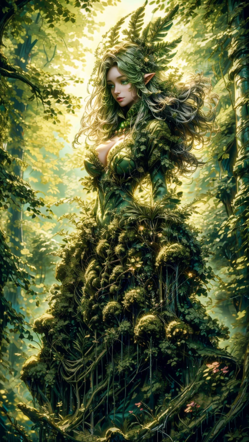  Picture of a woman in a forest with trees, Forest Goddess, Goddess of Nature, Goddess of Nature, Queen of Nature ,  the fairy queen of the summer forest , beautiful elegant Dryad, forest Dryad, Dryad in the forest, Queen of the Forest,  Fascinated by Nature's Spirits , Dryad,  Detailed Fantasy Art , Mother of Nature ,  Earth Goddess Mythology 、Change 、フェイスをTrainiに変える、I was reincarnated as a slime、Traini、Big Breasts、Hair is green