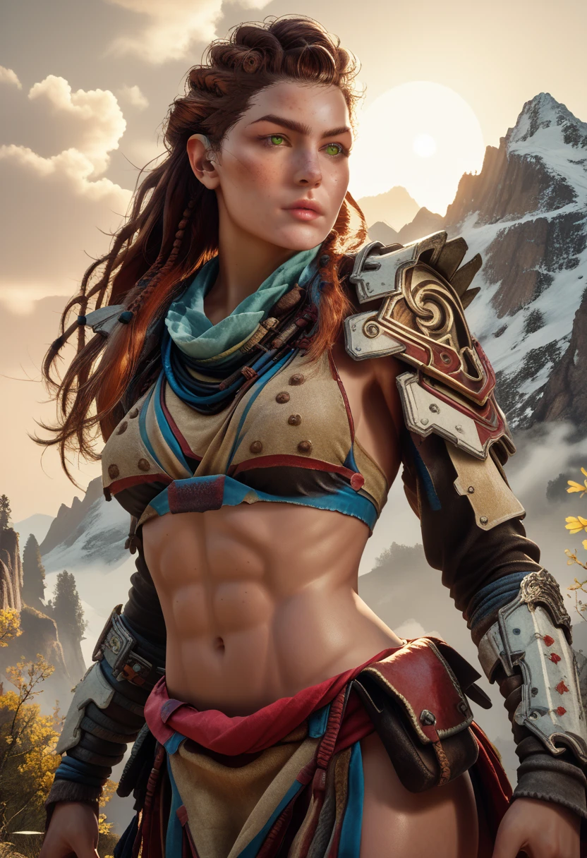 1woman, (Aloy:1.37), (Horizon Forbidden West Aloy:1.27),slim and slender, lightly toned muscles, reddish brown hair, braids and hair ornaments, detailed green eyes, freckles, (wearing bikini armor:1.37), midriff, thighs showing, ultra-detailed, beautifully detailed face, sharp green eyes, detailed lips, dynamic action pose, (cowboy shot:1.3), (wide angle), outdoor mountain landscape background, warm lighting, vibrant color palette, d3t41l3d