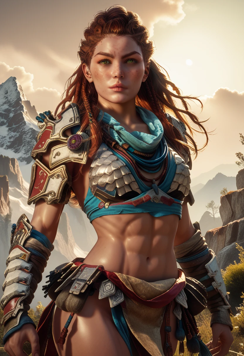 1woman, (Aloy:1.37), (Horizon Forbidden West Aloy:1.27),slim and slender, lightly toned muscles, reddish brown hair, braids and hair ornaments, detailed green eyes, freckles, (wearing bikini armor:1.37), midriff, thighs showing, ultra-detailed, beautifully detailed face, sharp green eyes, detailed lips, dynamic action pose, (cowboy shot:1.3), (wide angle), outdoor mountain landscape background, warm lighting, vibrant color palette, d3t41l3d